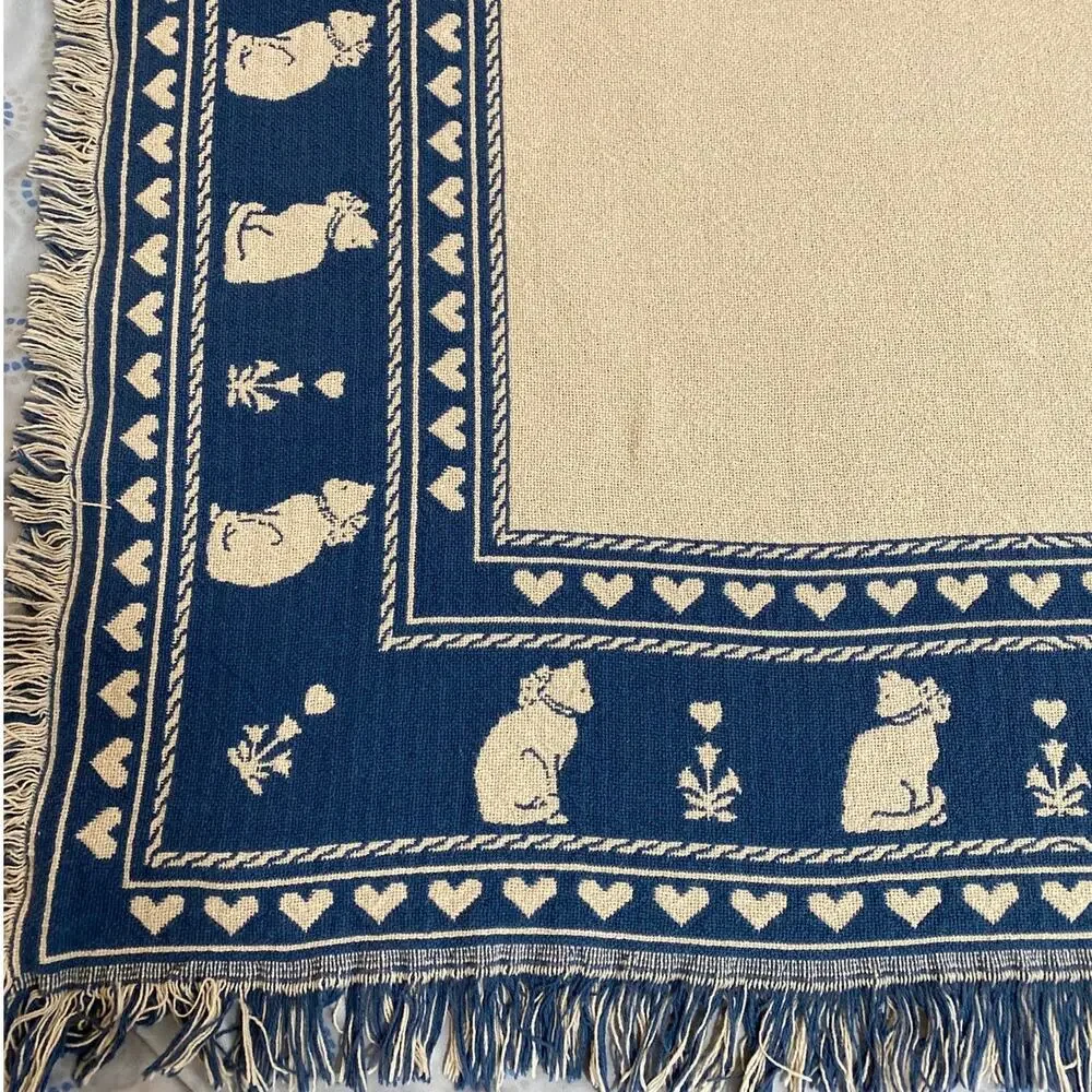 Vintage Cats & Hearts Tapestry Reversible Throw Blanket Fringe Navy Blue Kitty